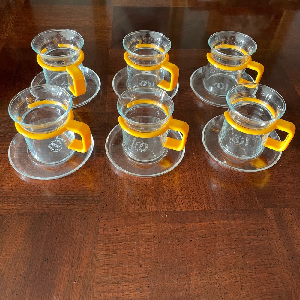Bodum Glass Espresso Coffee Yellow Handle Set Of 6  With Saucers Vintage Denmark